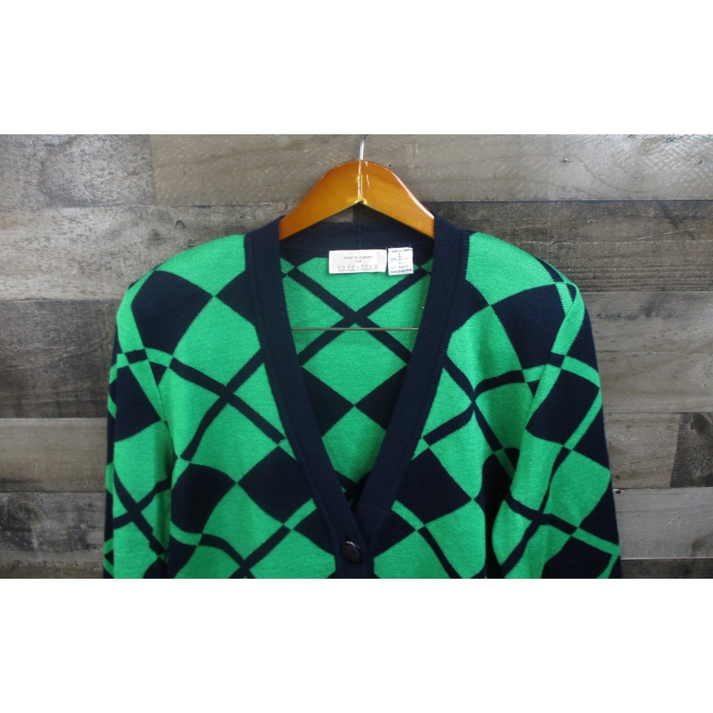 Nordstrom Sweater Women Large Green Navy Argyle Merino Wool Blend Cardigan Italy